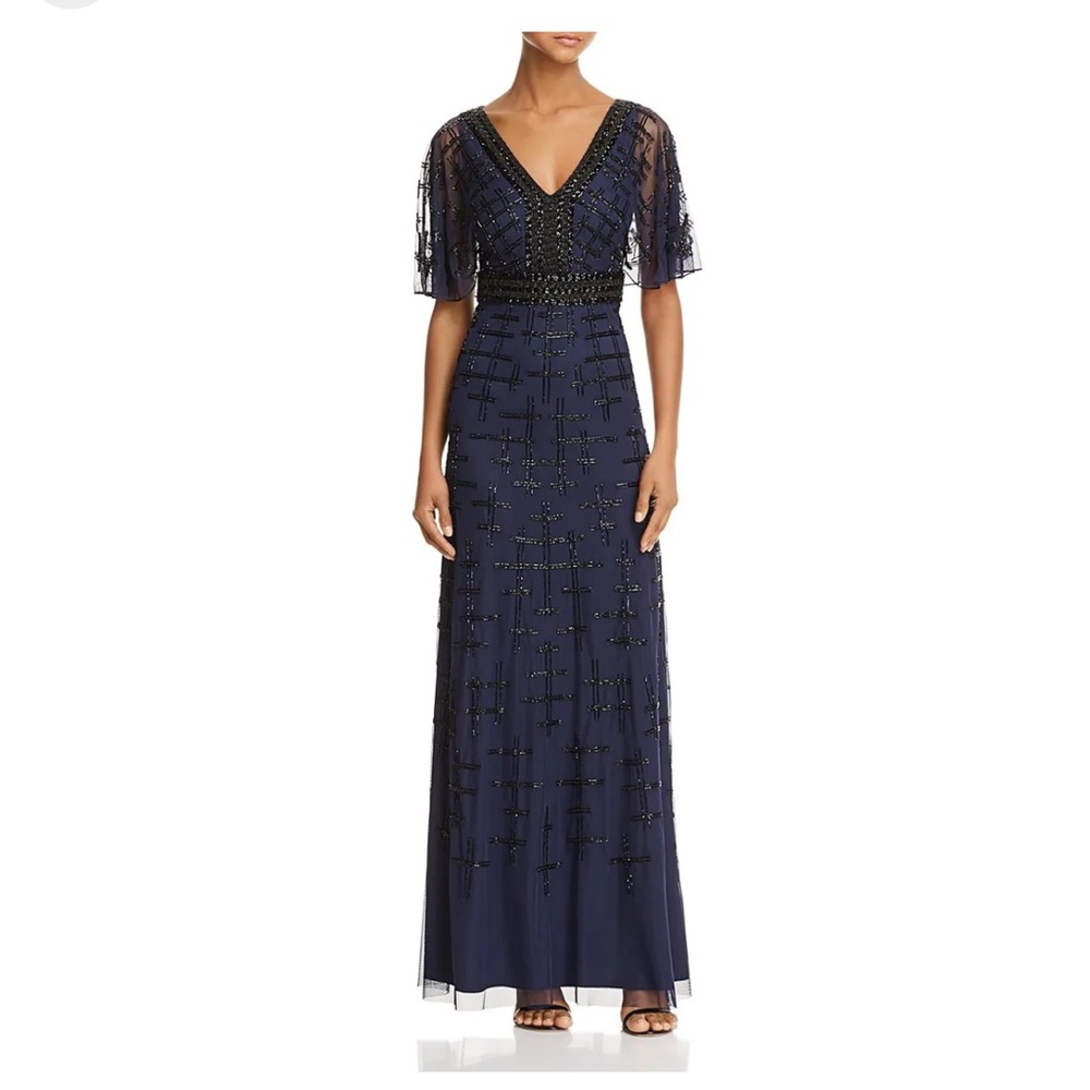 AIDAN MATTOX BEADED CAPE FLUTTER GOWN
